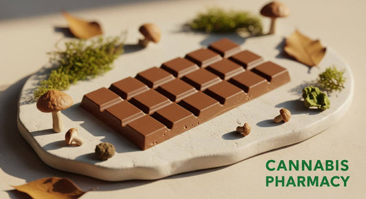 A milk chocolate bar sits on a textured white slab surrounded by small mushrooms, dried leaves, moss, and other natural elements. The “Cannabis Pharmacy” logo appears in green text on the right side.