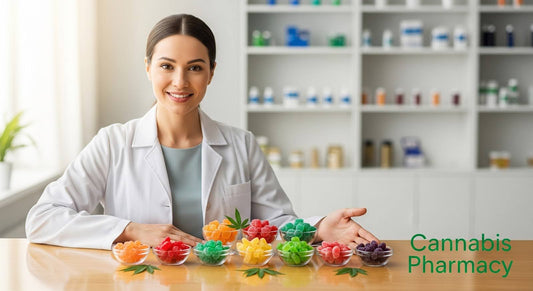 A pharmacist wearing a white lab coat smiles while presenting small glass bowls filled with colorful cannabis-infused gummies on a table. Shelves with medicine bottles are visible in the background, and the text “Cannabis Pharmacy” appears in the bottom r