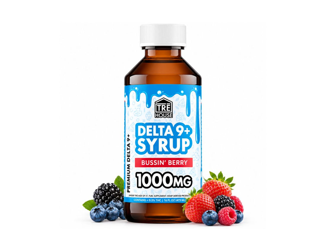 Delta 9+ syrup bottle with mixed berries
