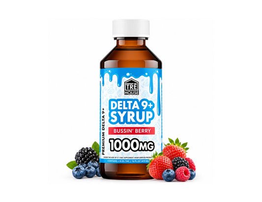 Delta 9+ syrup bottle with mixed berries