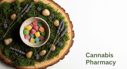 A bowl filled with colorful square gummies sits on a round wooden slab layered with green moss, lavender sprigs, and smooth stones. The background fades to white on the right side with the “Cannabis Pharmacy” logo in green text.
