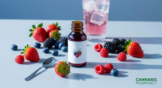 A small amber bottle with a berry-illustrated label sits on a light blue surface, surrounded by fresh strawberries, raspberries, blueberries, and blackberries, with a metal spoon nearby and a pink iced drink in the background. The words “Cannabis Pharmacy