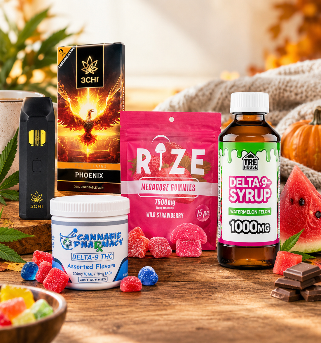 Cannabis Pharmacy Delta-9 THC gummies, 3CHI Phoenix disposable vape, RIZE strawberry megadose gummies, and Green Roads Sleepy Z's CBD and CBN capsules
