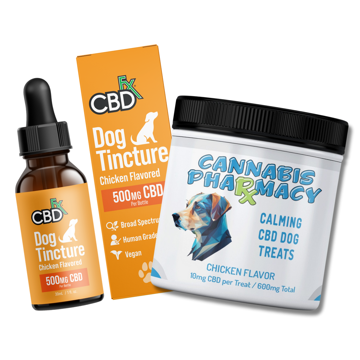 Pet CBD category thumbnail featuring dog tincture and calming CBD dog treats.