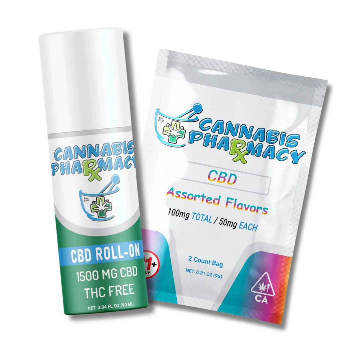 CBD category thumbnail featuring Cannabis Pharmacy CBD roll-on and CBD gummy pouch.