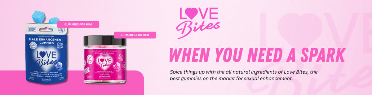 Love Bites intimacy gummies for men and women featuring hemp-derived sexual wellness products.