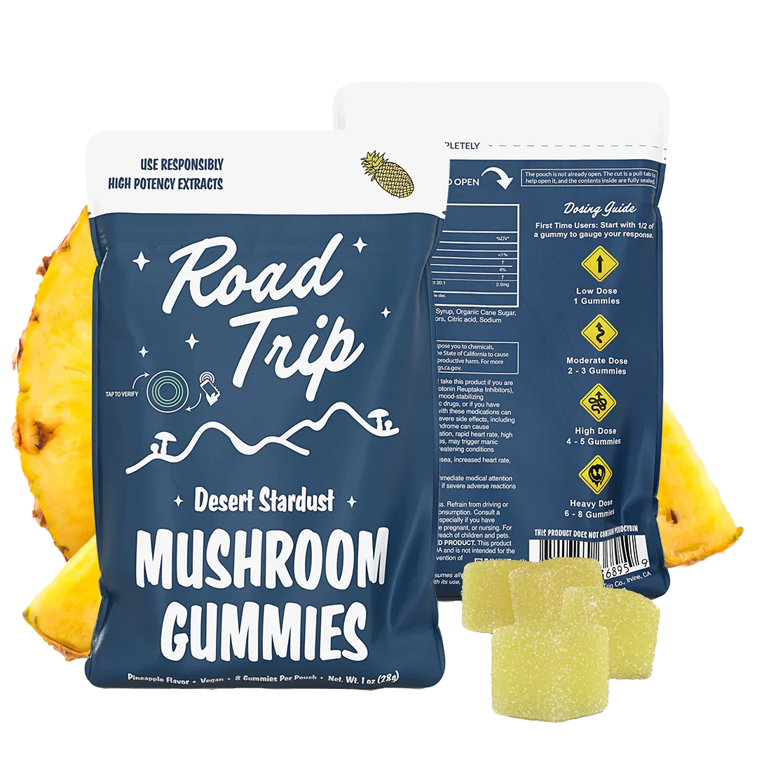 Road Trip Pineapple Mushroom Gummies – front and back of pouch shown with yellow gummies and pineapple slices.
