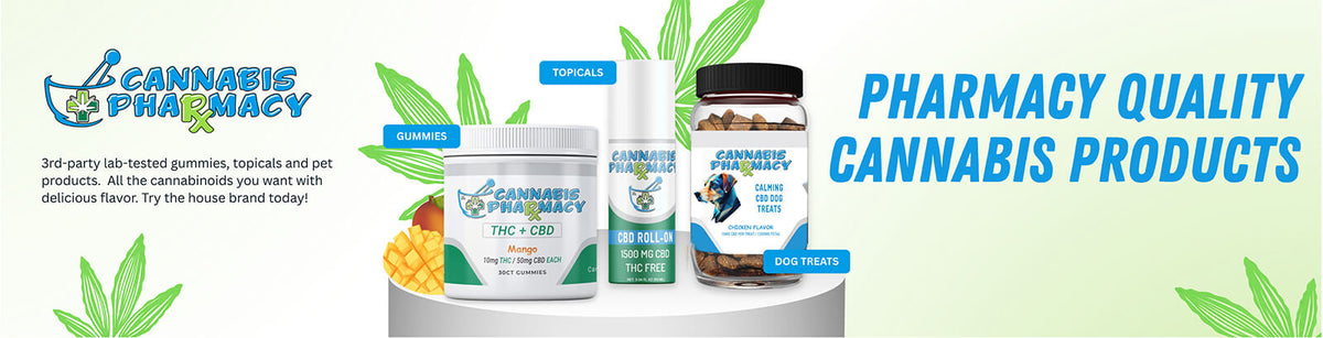 Cannabis Pharmacy THC and CBD gummies, topicals, sleep products, and pet CBD products.