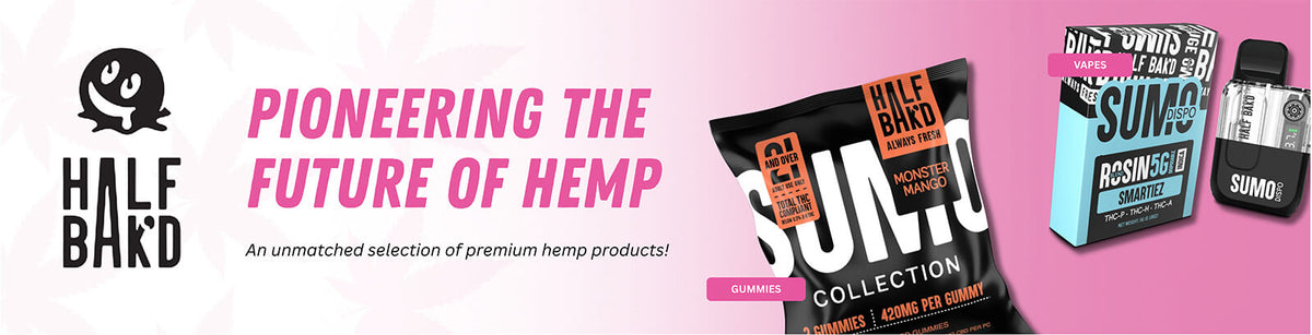 Half Bak’d THC gummies and vape products featuring hemp-derived edibles, disposables, and cartridges.
