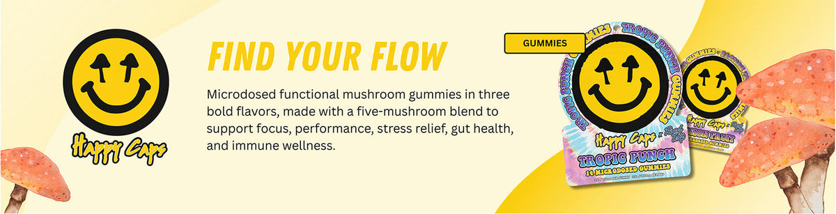 Happy Caps microdose gummies for clarity, calm, and creativity with vegan ingredients and low sugar.