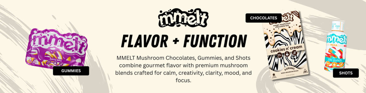 Mmelt mushroom gummies, chocolates, and shots featuring functional mushroom products and convenient wellness formats.
