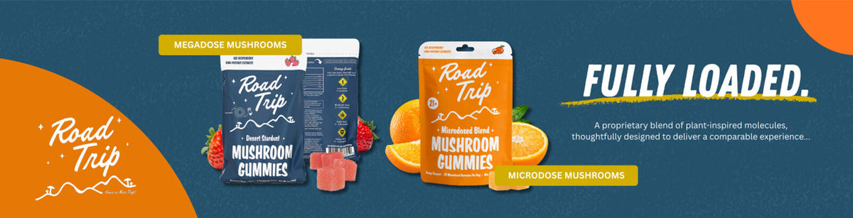 Road Trip Desert Stardust gummies, chocolates, and microdose gummies featuring mushroom-inspired wellness products.