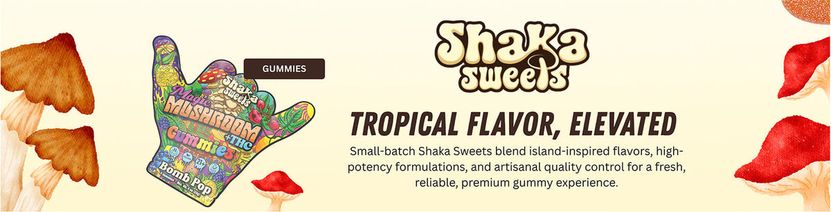 Shaka Sweets high-potency infused gummies and treats featuring tropical-inspired hemp-derived edibles.