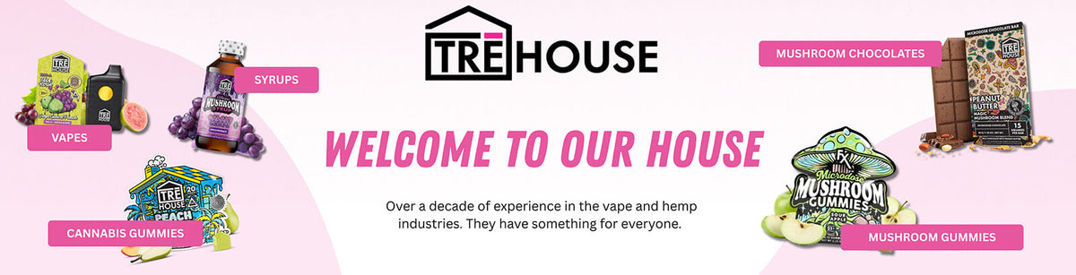 TRE House THC and mushroom products featuring edibles, vapes, and syrups in premium hemp-derived formulas.