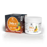 Cannabis Life Mango Twist Delta-8 THC gummies box beside a white jar, labeled 25mg per gummy and 30 gummies.