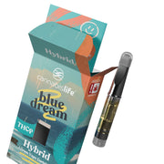 Cannabis Life Blue Dream THCP vape cartridge beside its open teal and orange box, labeled Hybrid and 1 gram.