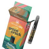 Cannabis Life Green Crack THCP vape cartridge beside its colorful box labeled Sativa and 1 gram on a white background.