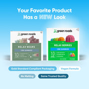 Green Roads packaging comparison showing original Relax Bears beside new Relax Berries, both labeled 10mg CBD per gummy.