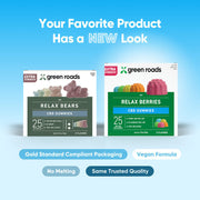 Green Roads packaging comparison showing the original Relax Bears beside the new Extra Strength Relax Berries on a blue background.