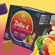 Cannabis Life Assorted Flavors Delta-8 THC gummies box with colorful fruit and gummy graphics on a yellow-to-pink background.