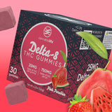 Cannabis Life Pink Paradise Delta-8 THC gummies box with pink gummies, guava, watermelon, and strawberry on a pink background.
