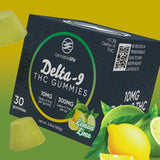 Cannabis Life Lemon Lime Delta-9 THC Gummies box surrounded by citrus fruit and green gummies, 30 count.