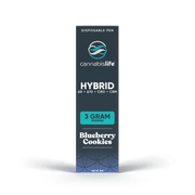 Cannabis Life Blueberry Cookies disposable vape box labeled Hybrid, 3 gram, with Delta-8, Delta-10, CBG, and CBN.