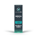 Front of Cannabis Life Northern Lights disposable vape box labeled Indica, Delta-8 THC + CBN, and 3 grams.