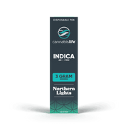 Front of Cannabis Life Northern Lights disposable vape box labeled Indica, Delta-8 THC + CBN, and 3 grams.