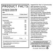 Green Roads Relax Bears product facts panel showing 10mg hemp-derived cannabinoid extract per gummy, ingredients, and warnings.