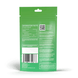 Back of Cannabis Life Green Apple Delta-8 THC gummies pouch showing information facts, warnings, a lab results QR code, and barcode.