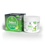 Cannabis Life Green Apple Delta-8 THC gummies box beside a white jar, both labeled Max Strength and 50mg per gummy.