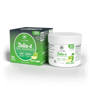 Cannabis Life Green Apple Delta-8 THC gummies box beside a white jar, both labeled Max Strength and 50mg per gummy.