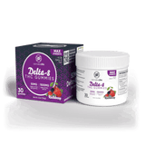 Cannabis Life Kushberry Delta-8 THC gummies box beside a white jar, both labeled Max Strength and 50mg per gummy.