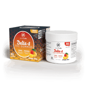 Cannabis Life Mango Haze Delta-8 THC gummies box beside a white jar, both labeled Max Strength and 50mg per gummy.