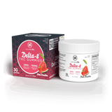 Cannabis Life Pink Paradise Delta-8 THC gummies box beside a white jar, labeled 25mg per gummy and 30 gummies.