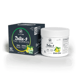 Cannabis Life Lemon Lime Delta-9 THC Gummies box beside a white 30-count jar, labeled 10mg THC per gummy.