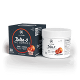 Cannabis Life Orange Crush Delta-9 THC gummies box beside a white jar, labeled 10mg per gummy and 30 gummies.