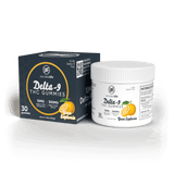 Cannabis Life Yuzu Euphoria Delta-9 THC Gummies box beside a white 30-count jar, labeled 10mg THC per gummy.