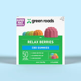 Front of Green Roads Super Max Relax Berries box showing 50mg CBD per gummy, 30 gummies, and five flavors.