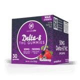 Angled view of Cannabis Life Kushberry Delta-8 THC gummies box labeled Max Strength, 30 gummies, and 1,500mg per jar.