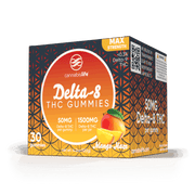 Angled view of Cannabis Life Mango Haze Delta-8 THC gummies box labeled Max Strength, 30 gummies, and 1,500mg per jar.