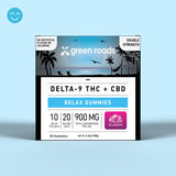 Front of Green Roads Wildberry Relax Gummies box showing 30 gummies, with 10mg Delta-9 THC and 20mg CBD each.