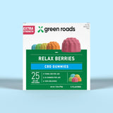 Green Roads Extra Strength Relax Berries box labeled 25mg CBD per gummy, 750mg per jar, 30 gummies, and five flavors.