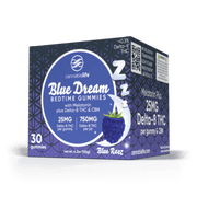 Angled view of Cannabis Life Blue Dream Blue Razz bedtime gummies box, labeled 25mg Delta-8 THC per gummy, with melatonin and CBN.