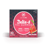 Front of Cannabis Life Pink Paradise Delta-8 THC gummies box labeled 30 gummies, 25mg per gummy, and 750mg per jar.