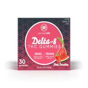 Front of Cannabis Life Pink Paradise Delta-8 THC gummies box labeled 30 gummies, 25mg per gummy, and 750mg per jar.