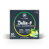 Front of Cannabis Life Lemon Lime Delta-9 THC Gummies box showing 30 gummies, 10mg THC per gummy, and 300mg per jar.