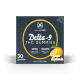 Front of Cannabis Life Yuzu Euphoria gummies box showing 30 gummies, 10mg Delta-9 THC per gummy, and 300mg per jar.