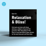 Side of Green Roads Wildberry gummies box displaying “Open for: Relaxation & Bliss!” and a description of the THC gummies.